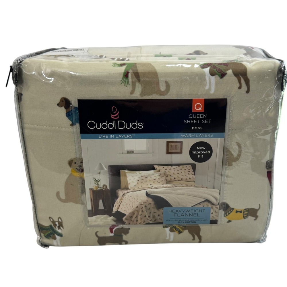 Cuddl Duds Queen Sheet Set Heavyweight Flannel Dogs 100% Cotton Warm Layers New